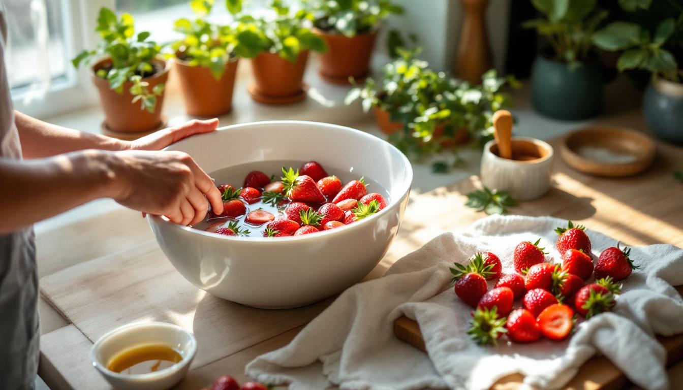 leer hoe je aardbeien op de japanse manier wast om pesticiden eenvoudig en effectief te verwijderen voor een gezondere en smakelijkere fruitervaring.